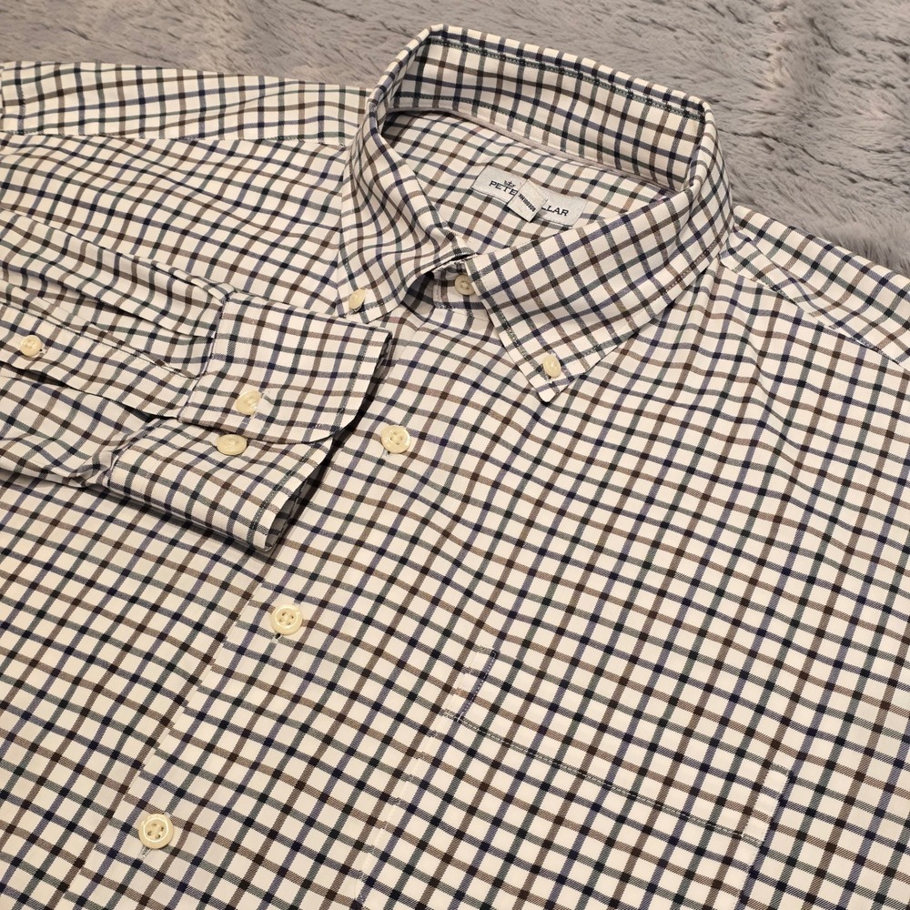 Peter Millar Mens XL Blue Tan Plaid Button‎ Down Shirt Long Sleeve Performance